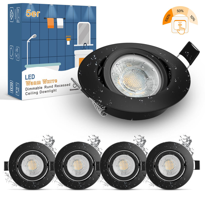 wowatt 5 LED recessed spotlights 230V black 3 levels dimmable 7W IP44 bathroom recessed lights flat ceiling spots 700LM warm white 2800K Replaces 70W halogen spots swiveling round 68mm recessed spots for bathroom warm white - black