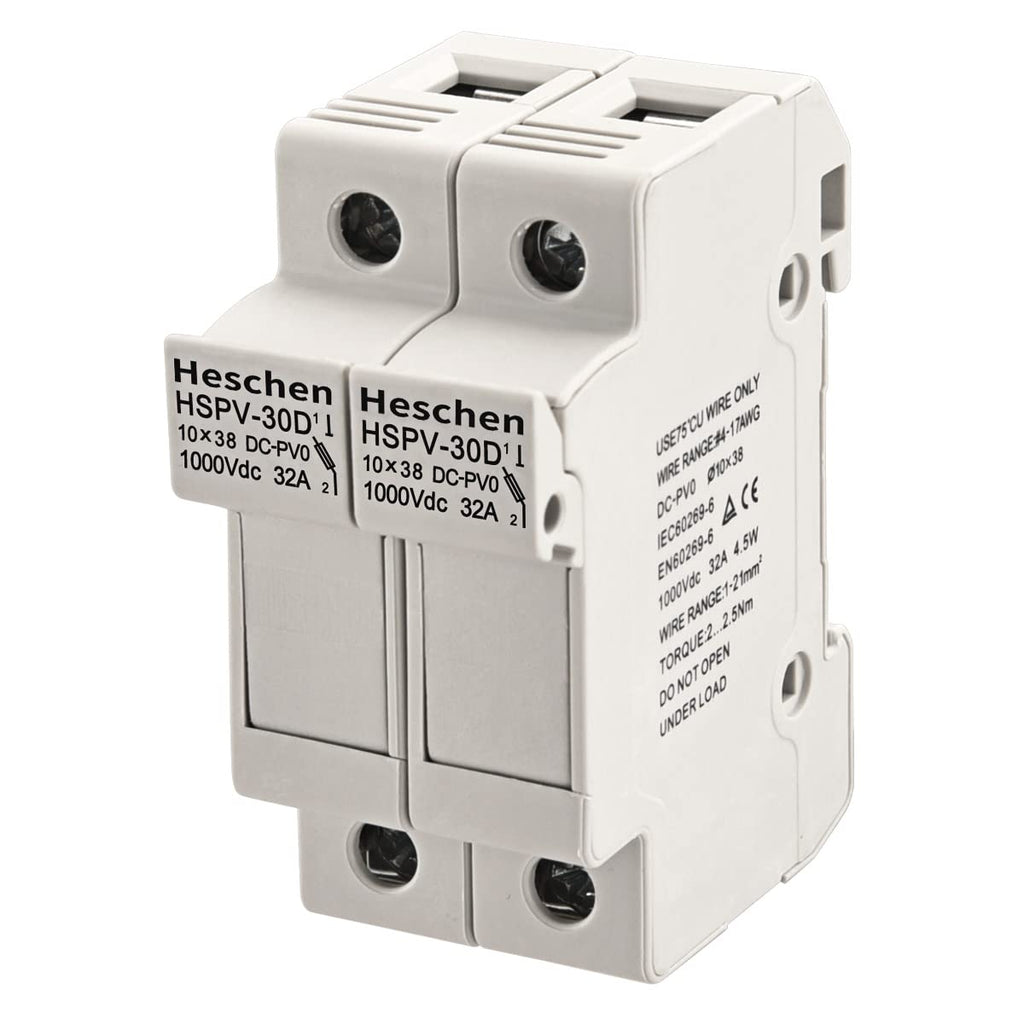 Heschen Solar Photovoltaic Fuse Holder PV Fuse Holder HSPV-30D DC1000V 32A 2 Pin 35mm DIN Rail Mount for HSPV-30 ST-10PV 10 x 38mm Fuse CE Listed (1) 1