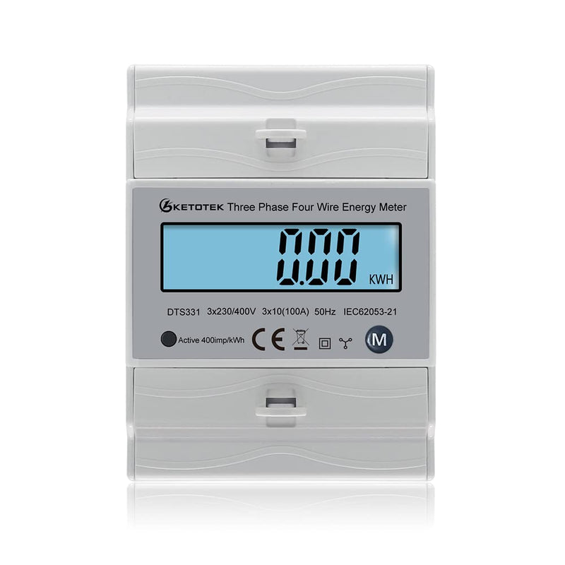 KETOTEK 3 Phase Electricity Meter AC Ampere Volt Power Energy Monitor Top Hat Din Rail Bidirectional Wattmeter Power Consumption Input Output kWh Three-phase Meter 3x230V/400V 10(100) A 50/60Hz DTS331