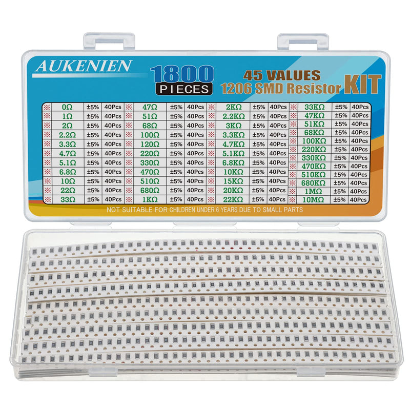 AUKENIEN 1206 SMD resistor assortment 45 values 1800 pieces 0R to 10M Ohm resistor 1/4W SMT resistors kit with ±5% tolerance 1206 ±5% resistance
