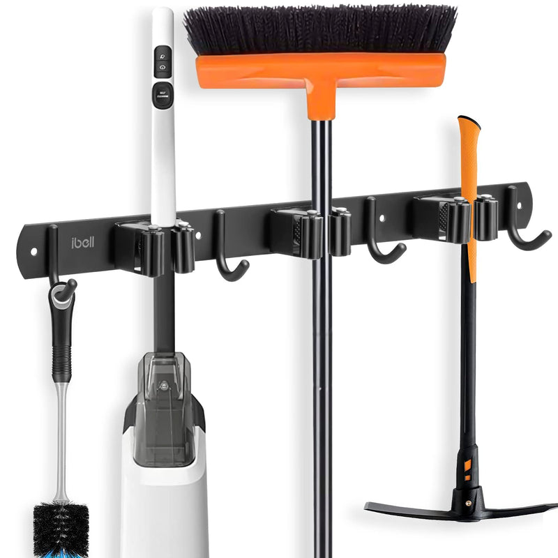 Broom holder wall, IBELL device holder wall mount stainless steel with 3 holders and 4 hooks, garden tool holder, broom holder, mop holder, self-adhesive tool holder, wall hook without drilling for garden, garage, 1 piece, 3 holders, 4 hooks (43 cm)