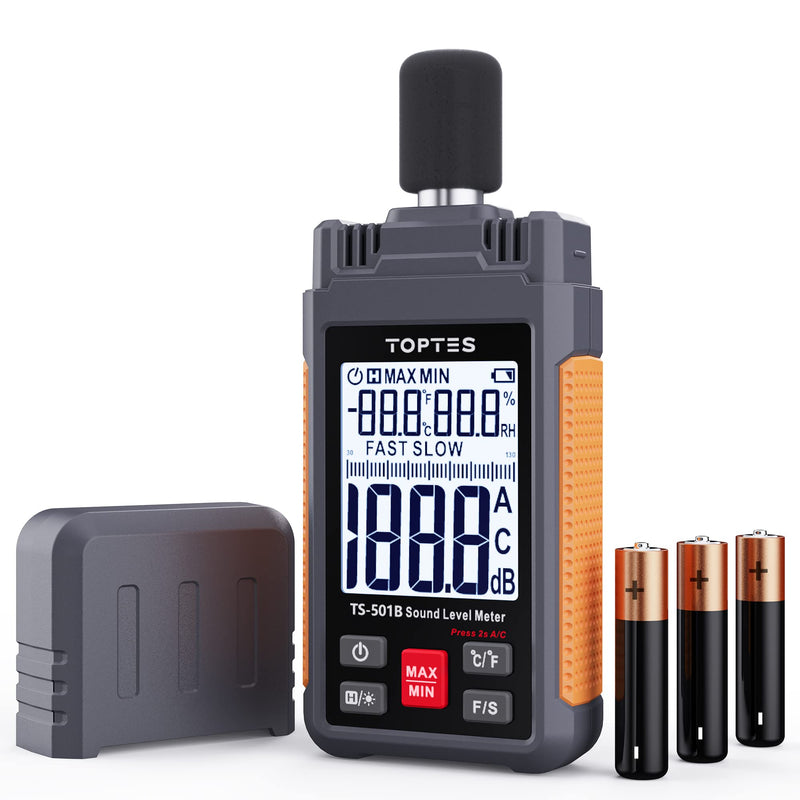 Decibel Meter, TopTes TS-501B Sound Level Meter with 2.24" Backlit LCD Screen, A/C Weighted, Range 30-130dB, MAX/MIN, Data Storage - Orange