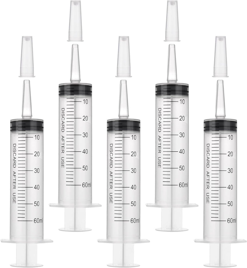 Syringes 50ml (60ml), pack of 5 plastic syringes with cap, reusable dosing syringe, individually sealed packaging, suitable for laboratory, animal feeding, plant watering. Syringe 60ml×5