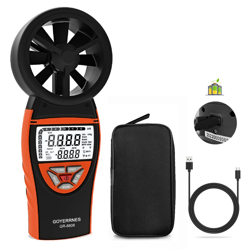 Handheld Wind Meter Digital Anemometer 0.3~30m/s Wind Speed Meter, GR-8808, Temperature for Navigation, Sailing Competition, Various Fan Manufacturing Industries, Data Storage