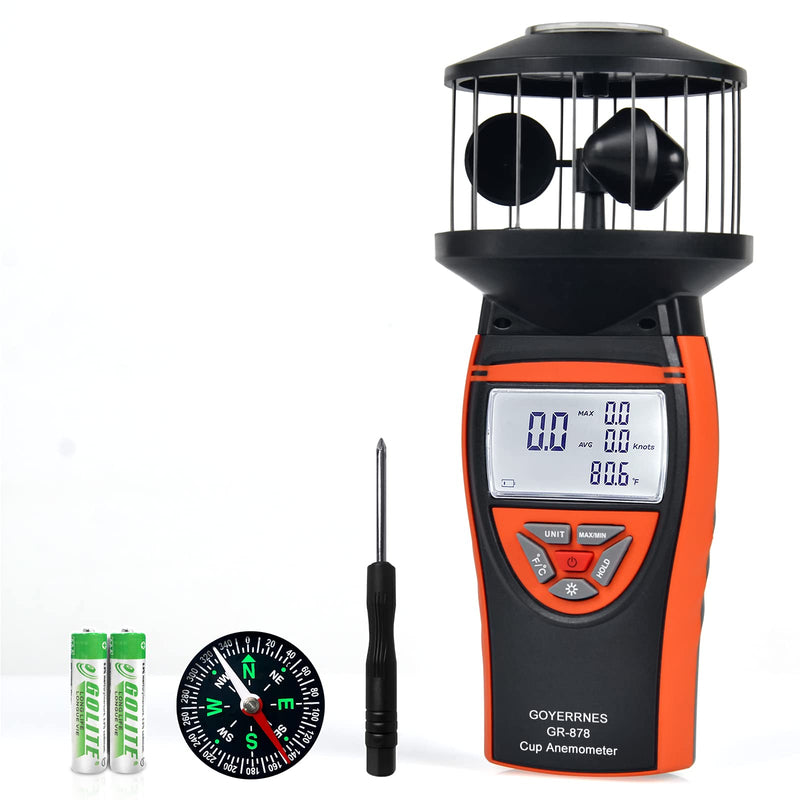 Handheld Anemometer, GR-878 Digital Anemometer Shows Wind Temperature, Air Volume, Wind Speed/Direction with LCD Backlight and Compass for HVAC Weather Monitoring