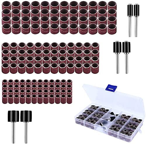 Sanding Sleeves Set of 150 with 144 Sanding Bands and 6 Sanding Rollers | 80/120 grit, standard size drum mandrels grinding drum grinding attachments, drum sander set, for Dremel rotary tool