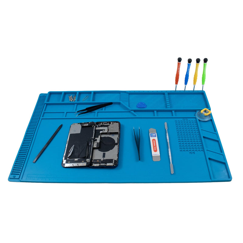 MMOBIEL silicone repair and soldering mat - 55 x 35 cm - silicone mat heat-resistant up to 500°C - workbench mat for soldering work, cell phone, computer and electronics repairs - silicone soldering mat - blue