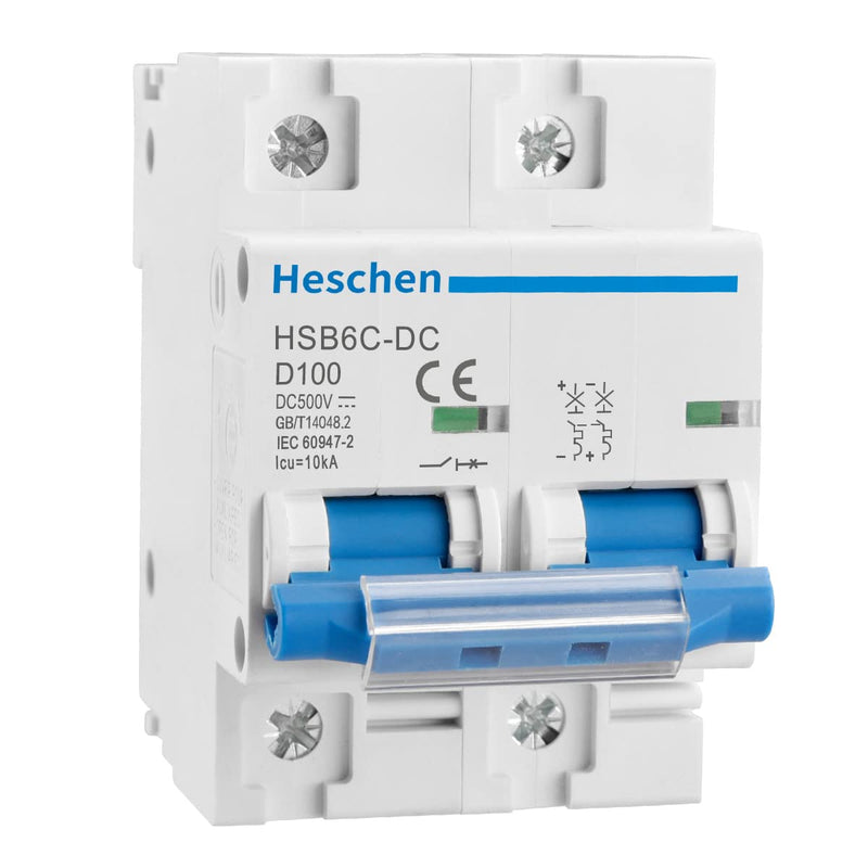 Heschen DC Miniature Circuit Breaker HSB6C-DC 2 Pin DC500V 100A Photovoltaic Circuit Breaker for Solar PV System Solar Cell Grid System 35mm DIN Rail Mounting