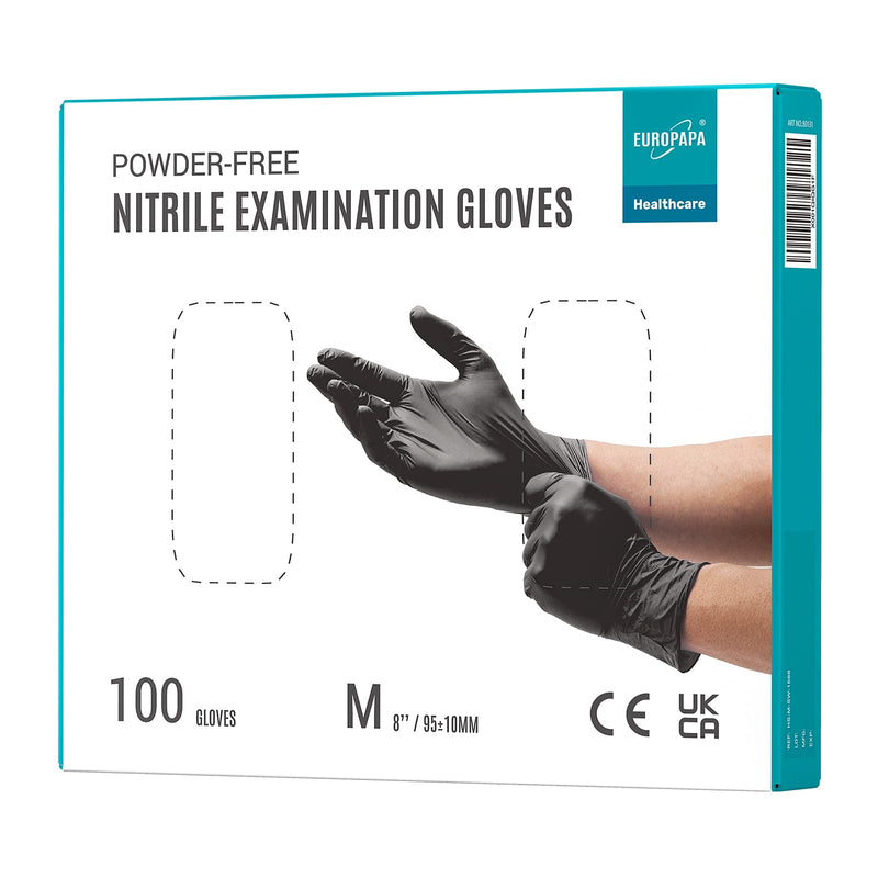 EUROPAPA 100x nitrile gloves box disposable gloves, disposable gloves, examination gloves, nitrile gloves, powder-free, latex-free, non-sterile, latex-free, disposable gloves (M, black) M