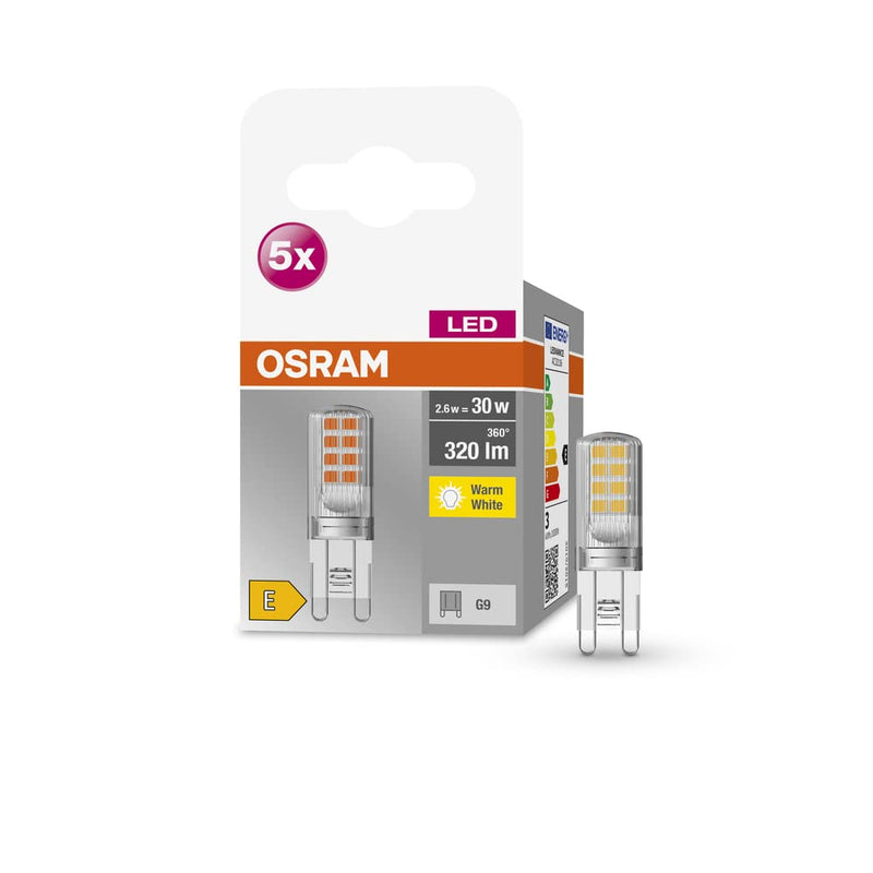 OSRAM Star PIN LED lamp for G9 base, clear glass, warm white (2700K), 320 lumens, replacement for conventional 30W bulbs, not dimmable, pack of 5 2700k warm white 5 pack