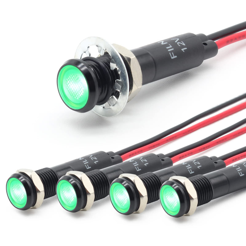 FILN 5pcs 8mm (5/16") 12V LED indicator light waterproof pilot signal lamp indicator light metal panel lights (black anodized, green 5 pieces) green black anodized-12V-5pcs