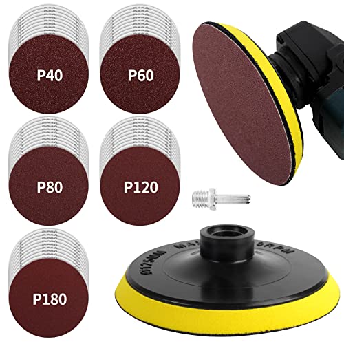 Pomsare Sanding Discs Pad Kit Sanding Disc 125 mm Pack of 50 Sandpaper with M14 Sanding Pad and Shaft for Angle Grinder Drill Grinder Grit 10 x 40/60/80/120/180 for Wood Metal standard
