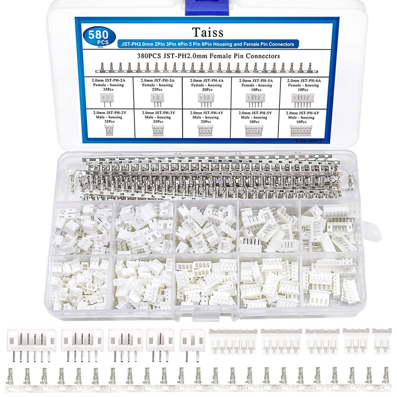 Taiss JST PH 2.0 Connector Kit 2/3/4/5/6-Pin JST Adapter Male and Nut Plug PH 2.0 mm JST Cable Connector Adapter F-066-580 Pieces PH2.0 Connector Kit
