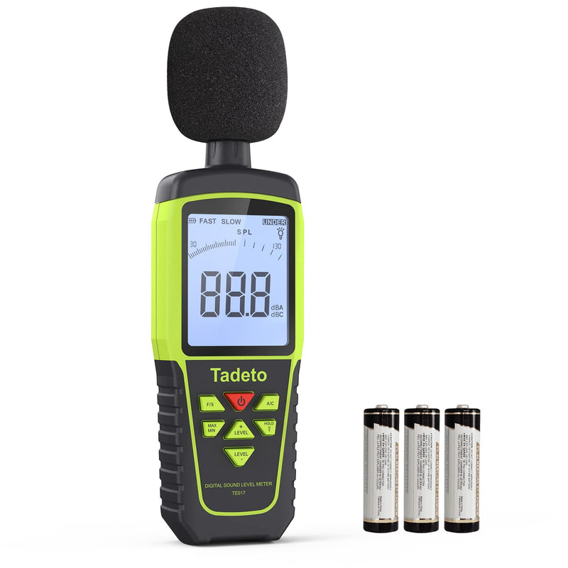 Decibel Meter, Tadeto Sound Level Meter Portable db Meter 30dB to 130dB (5 Measuring Ranges) Backlight LCD Display, MAX/MIN, Audible and Visual Alarms, Data Hold, A/C Weighted Verde