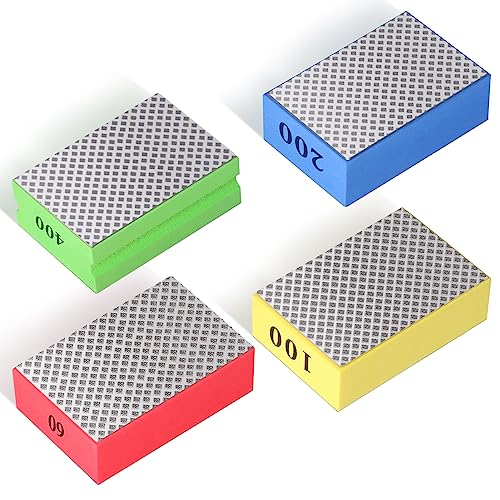 Pack of 4 Glass Grinders, Diamond Hand Sanding Pad, Tile Sanding Blocks, Polishing Pads, Diamond Sanding Pad for Stone Ceramic Tiles, Glass Grinding, Trimming, 60#, 100#, 200#, 400#