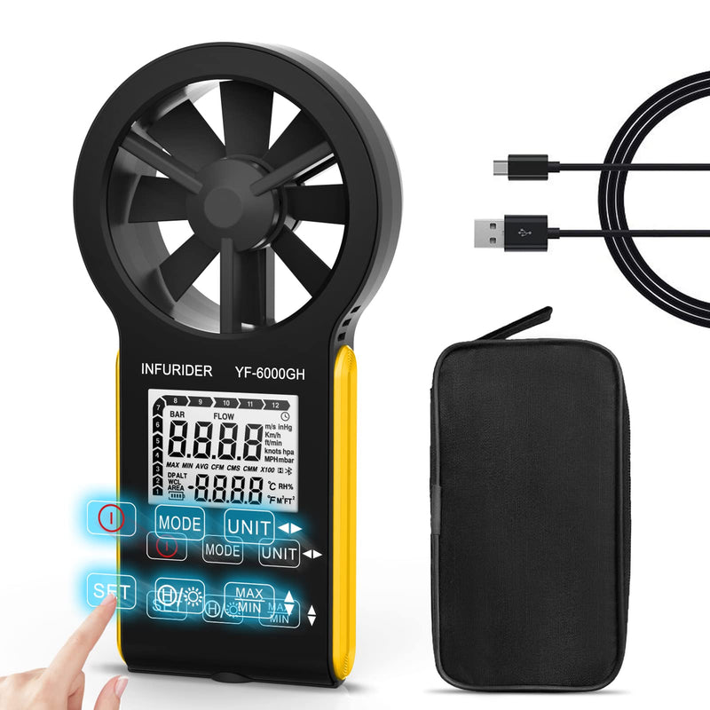 Rechargeable anemometer, wind measuring device, INFURIDER YF-6000GH smart touch digital anemometer hand for measuring wind speed/temperature, wind speed meter gauge for outdoor HVAC airflow