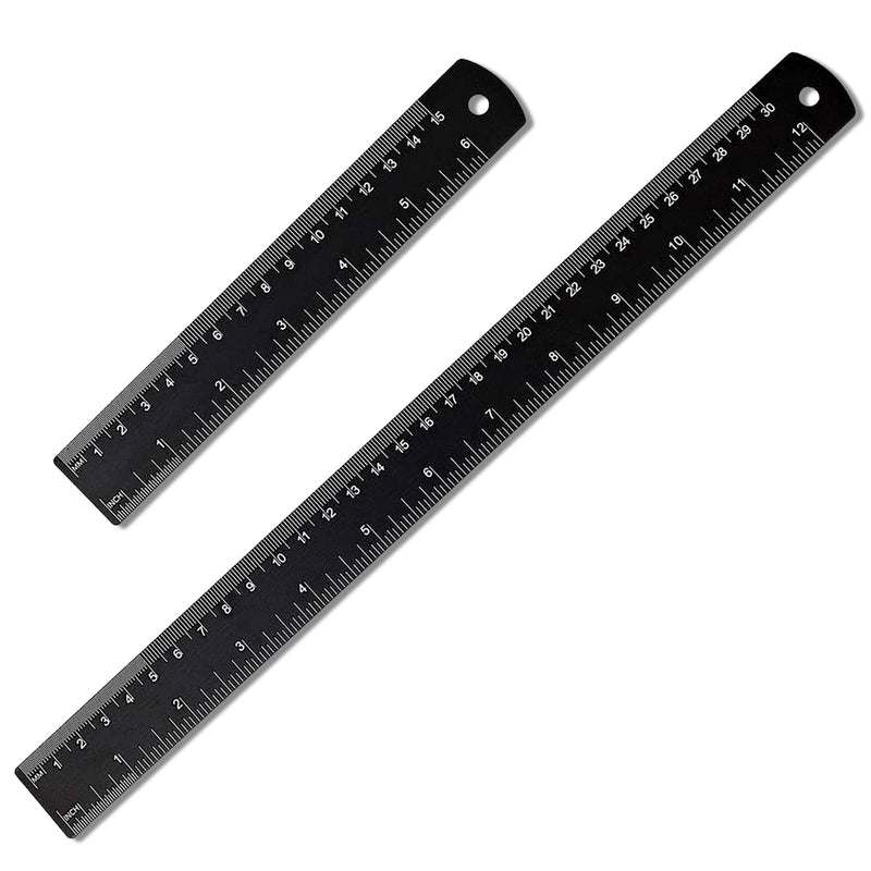 Metal Ruler, 30 cm, 15 cm, Steel Ruler, Metal Ruler, Double Scale, Steel Ruler, Set of 2, Edge Measuring Tool Ruler (Black)
