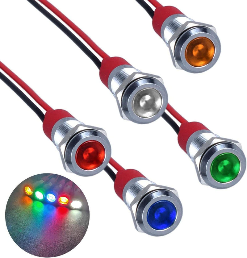 RUNCCI-YUN Pack of 5 12V-24V 8 mm (5/16 Inch) LED Metal Indicator Light Waterproof Signal Lamp LED Panel Installation Indicator Light (Green × 1 Yellow × 1 Red × 1 Blue × 1 White × 1)