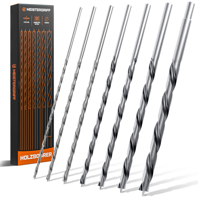 MEISTERGRIFF® wood drill set long [7 pieces] - Extra sharp drill bits - Stable & break-resistant auger drill bit - Ø 4, 5, 6, 7, 8, 10, 12 mm 230 mm