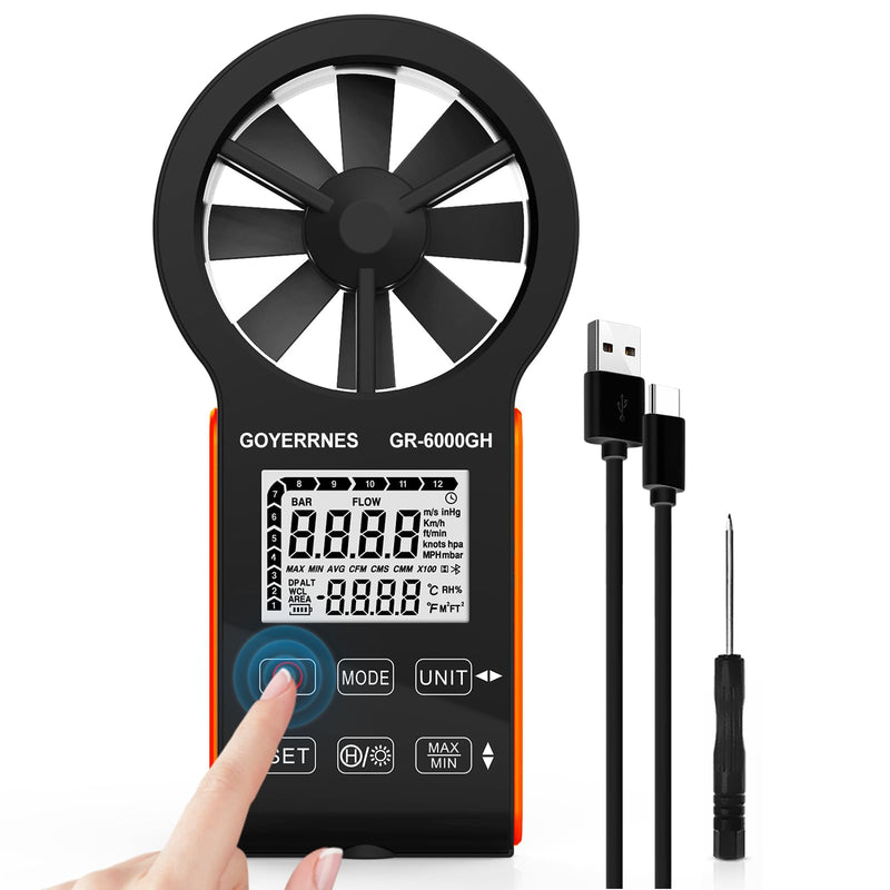 Handheld Wind Meter Digital Anemometer, GR-6000GH Air Flow Speed Wind Speed CFM Meter Measuring Air Speed Air Volume Temperature for HVAC, Boat Sailing, Shooting