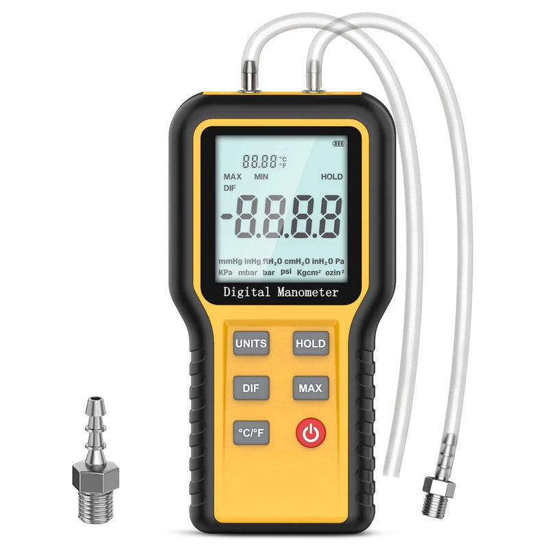 Manometer, Professional Air Pressure Gauge, Handheld HVAC Manometer 12 Selectable Units Differential Pressure Display, Dual Port Manometer Gas Pressure Tester with Backlight (Battery Included) Yellow