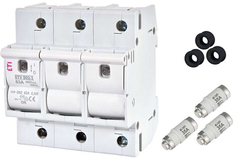 grenda-hammer® | Neozed load disconnector set D02-3-pin set with fuses and fitting sleeves (load disconnector set 3x35 Ampère) load disconnector set 3x35 Ampère