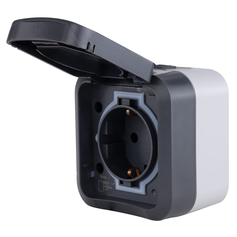 REV - AquaStorm, 1-way socket, wet room, IP55 two-pole, surface-mounted, 230V, 16A, anthracite 1-way socket sockets