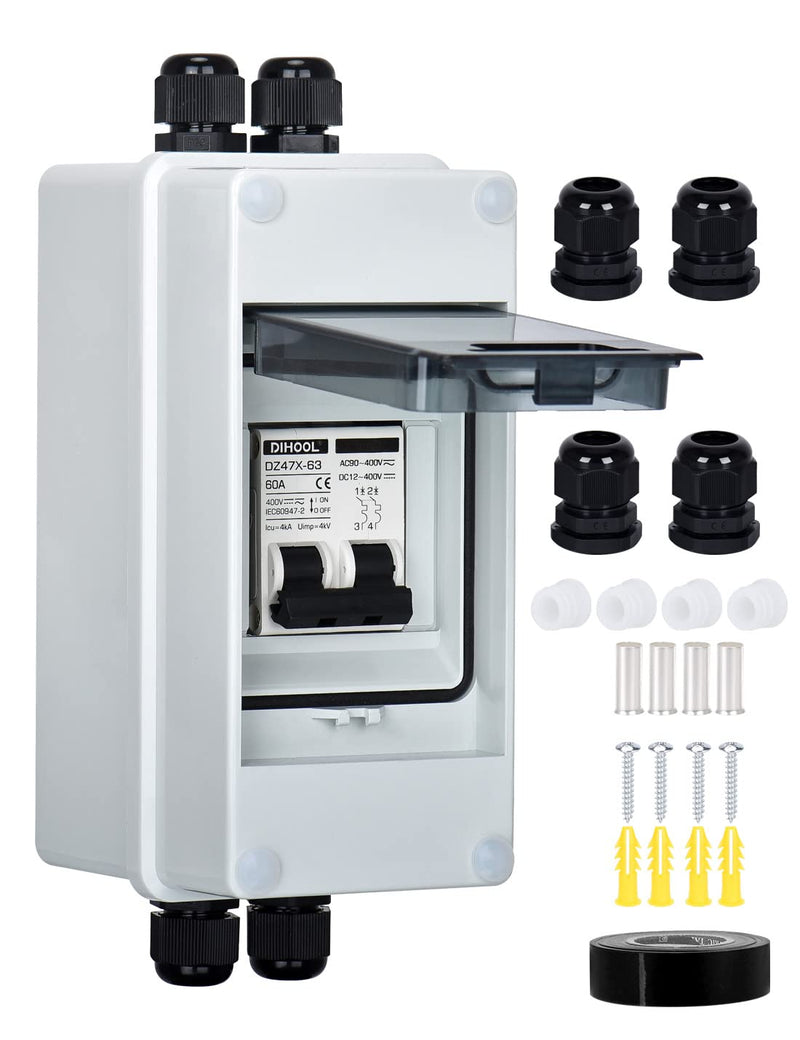 DC 12V circuit breaker PV solar system circuit breaker circuit breaker DC 60A 2-pole (DC12V-DC400V or AC110-400V) with IP65 waterproof housing 60-amp UV-resistant