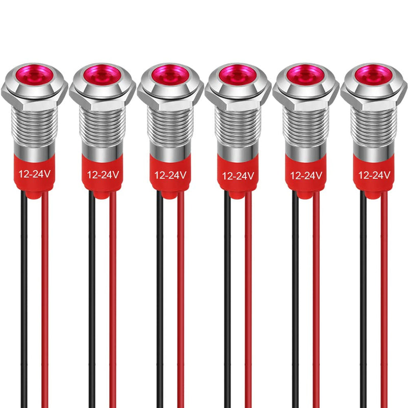 GUUZI 8mm LED Indicator Light 12-24V Waterproof Signal Light Metal Plate LED Indicator Signal Light Plate Mount Flat Head with Wires Silver Housing (Red, 6 Pieces) Red