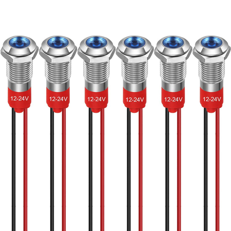 GUUZI 8mm LED Indicator Light 12-24V Waterproof Signal Light Metal Plate LED Indicator Signal Light Panel Mount Flat Head with Wires Silver Housing (Blue, 6pcs) Blue