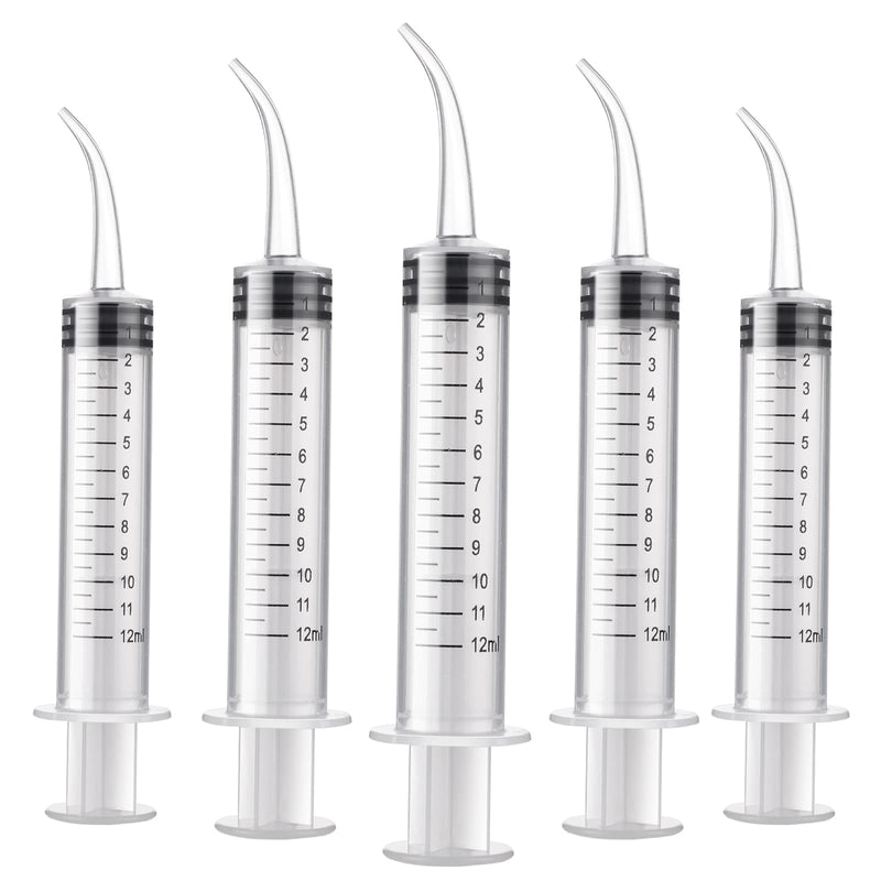 WLLHYF 5 Pack Dental Syringes, 12ml Dental Irrigation Syringe with Curved Tip and Measure Scale Wisdom Teeth Syringe Irrigation Syringes for Oral Dental Care Cleaning
