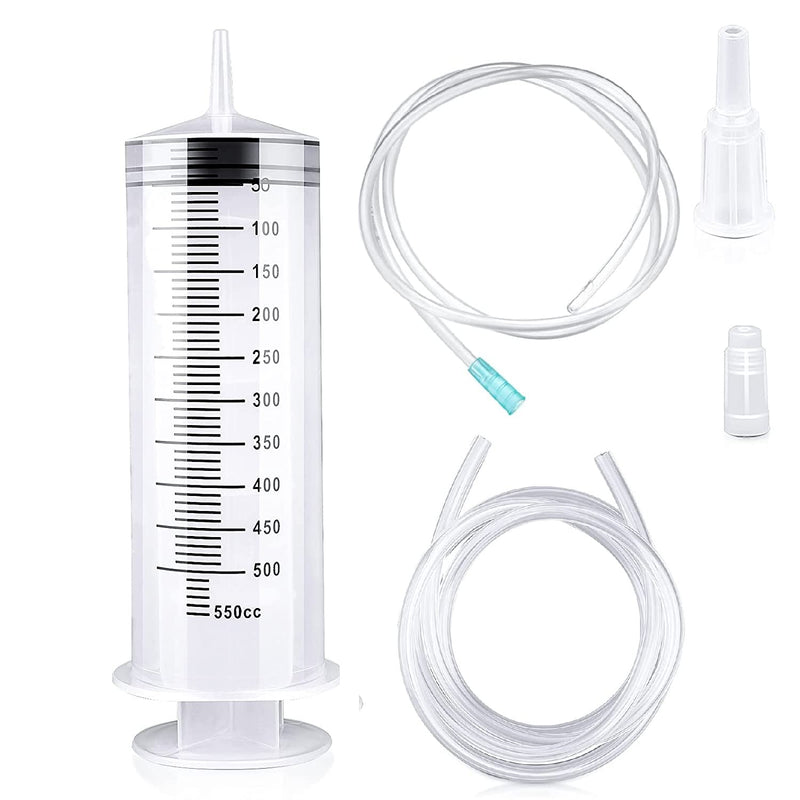 150/250/350/550ml syringe with plastic tubes Reusable plastic syringe for oil or glue applicators, experiments, pet feeding, industrial（550ml） 550ml