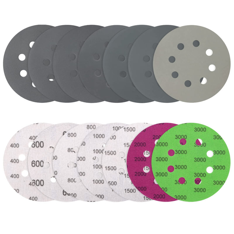 VIBRATITE Pack of 70 sandpaper 125 mm Velcro, wet and dry sanding discs, grit 400 600 800 1000 1500 2000 3000, 8 holes eccentric sander sandpaper for car metal wood mixed grit