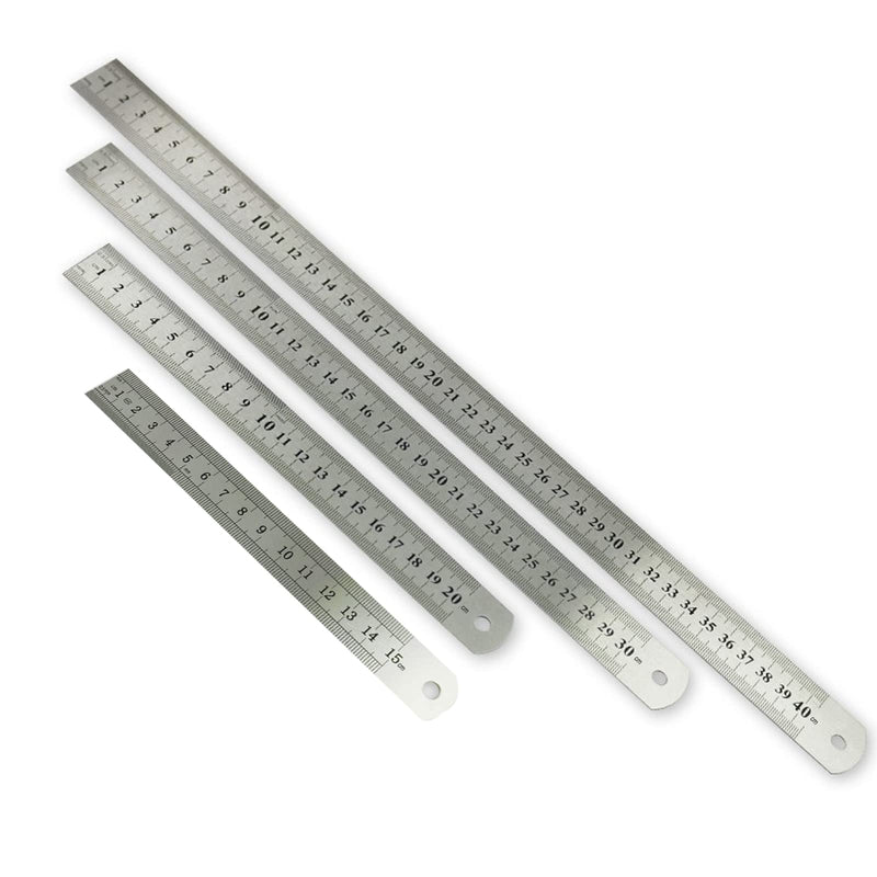 Ksvaye Pack of 4 Stainless Steel Rulers Metal Steel Ruler Steel Ruler Metal Ruler Double Side Scale 15 cm / 20 cm / 30 cm / 40 cm for Office School Engineer Technical Drawing