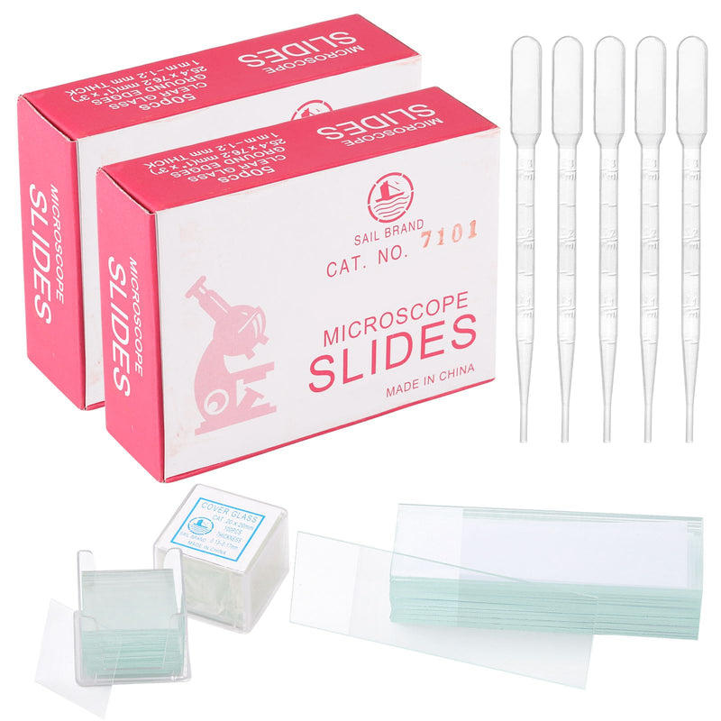 Pack of 100 pre-cleaned microscope slides and 200 microscope cover glasses, with 5 droppers, for laboratory biology science studies