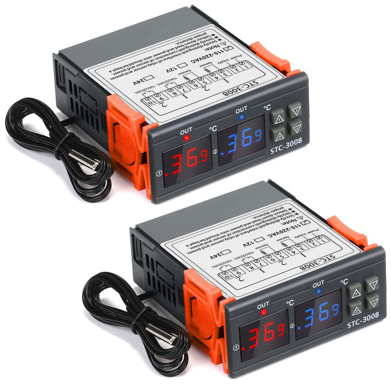 Fiada Pack of 2 STC-3008 AC 110V-220V Digital Temperature Controller Celsius Thermostat General Digital Thermostat Temperature Monitor with Sensor 2 Relay Output for Fermentation Heating Cooling