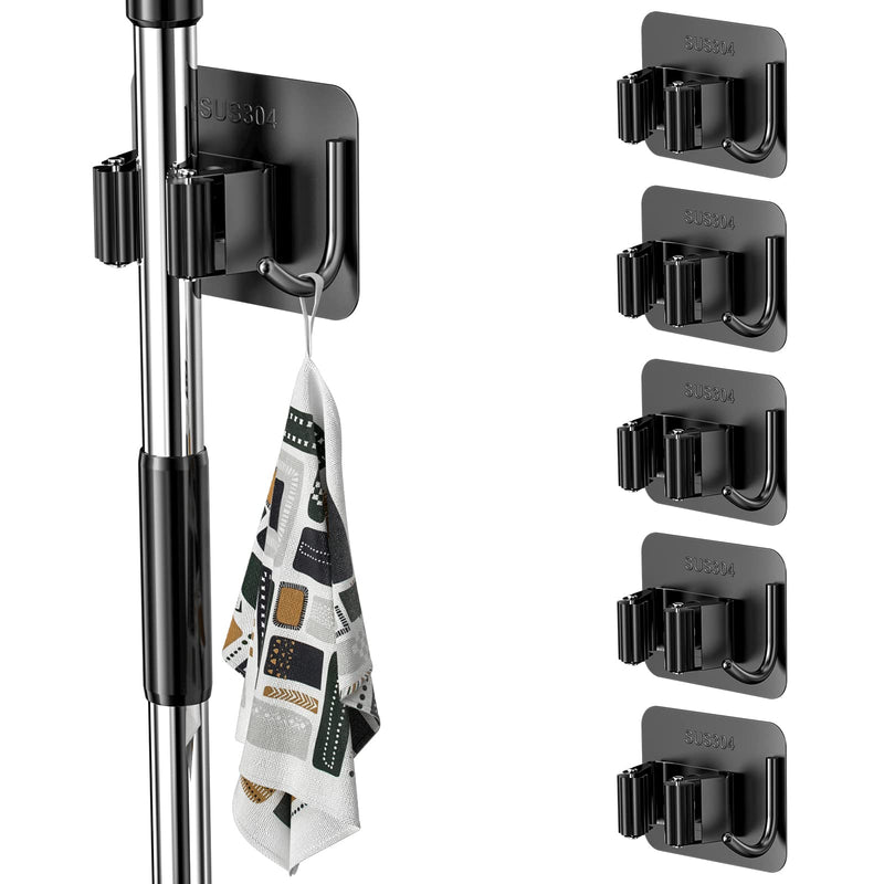 Relota Pack of 6 broom holders wall self-adhesive, device holder wall mount 304 stainless steel, hook broom holder without drilling, mop holder, garden tool holder for kitchen, cupboards, garage, garden (black).