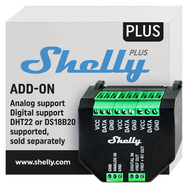 Shelly Plus Add-On - Add-On for Shelly Plus, Gen3 & Gen4 Devices, Interface for Temperature and Humidity Sensors, DS18B20, DHT22 & Arduino Sensors, Analogue and Digital Input 1er Pack