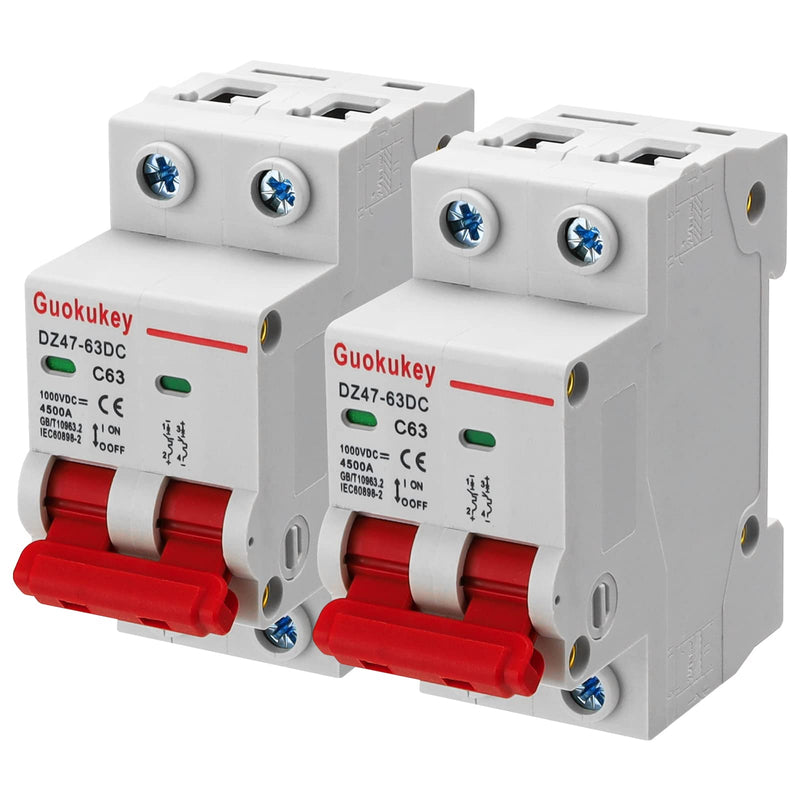 Pack of 2 PV circuit breaker DC 1000V 63A 2-pole DZ47-C63 solar circuit breaker circuit breaker protective air switch circuit breaker for photovoltaic systems