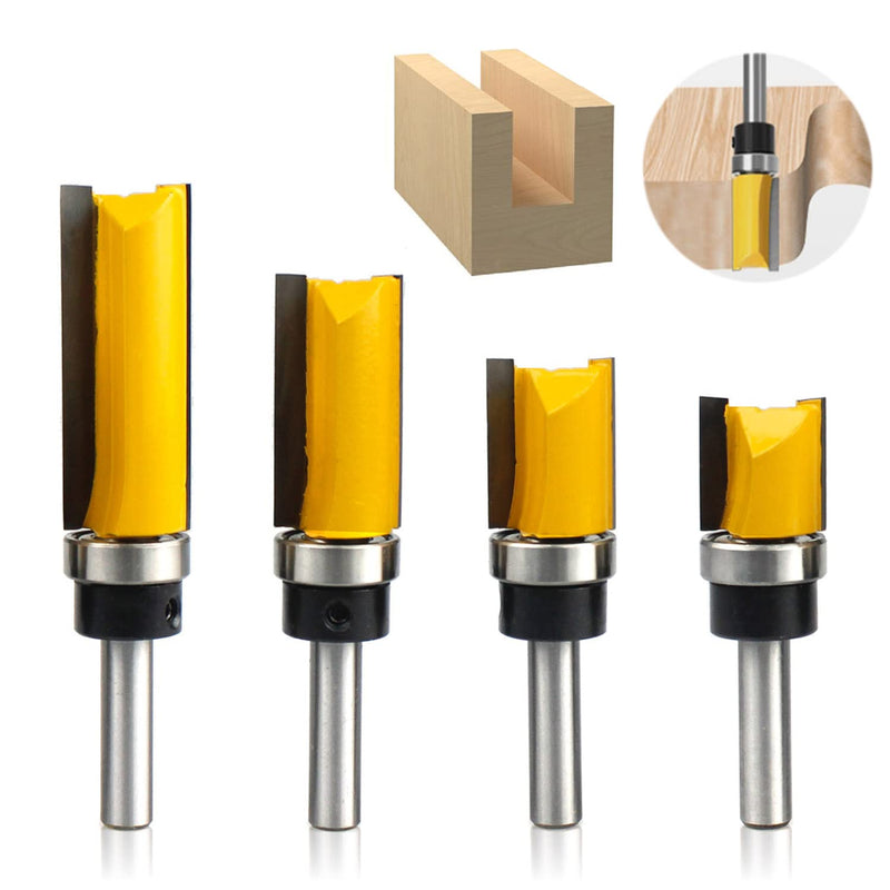 Pack of 4 flush cutter ball bearings, flush cutter 8 mm shaft, flush cutter, edge copy cutter with ball bearing, router, groove cutter flush cutter set woodworking cutting tool for wood shaft 8 mm
