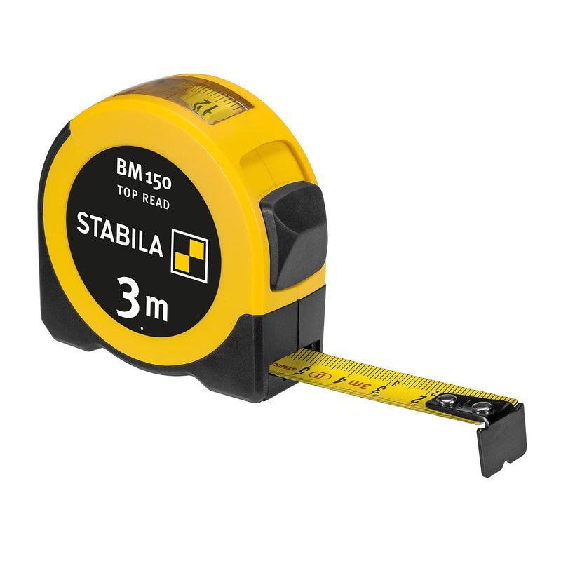 STABILA pocket tape measure BM 150, 3 m, tape measure with metric scale, viewing window for direct reading, break-proof ABS housing, movable starting hook, belt clip, MID accuracy