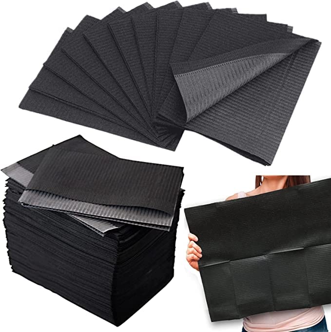 Emalla Pack of 50 dental bibs, black, disposable dental bibs, waterproof tattoo bibs, 33 x 45 cm tattoo covers, multi-purpose for tattoo accessories, dental treatment, one size fits all