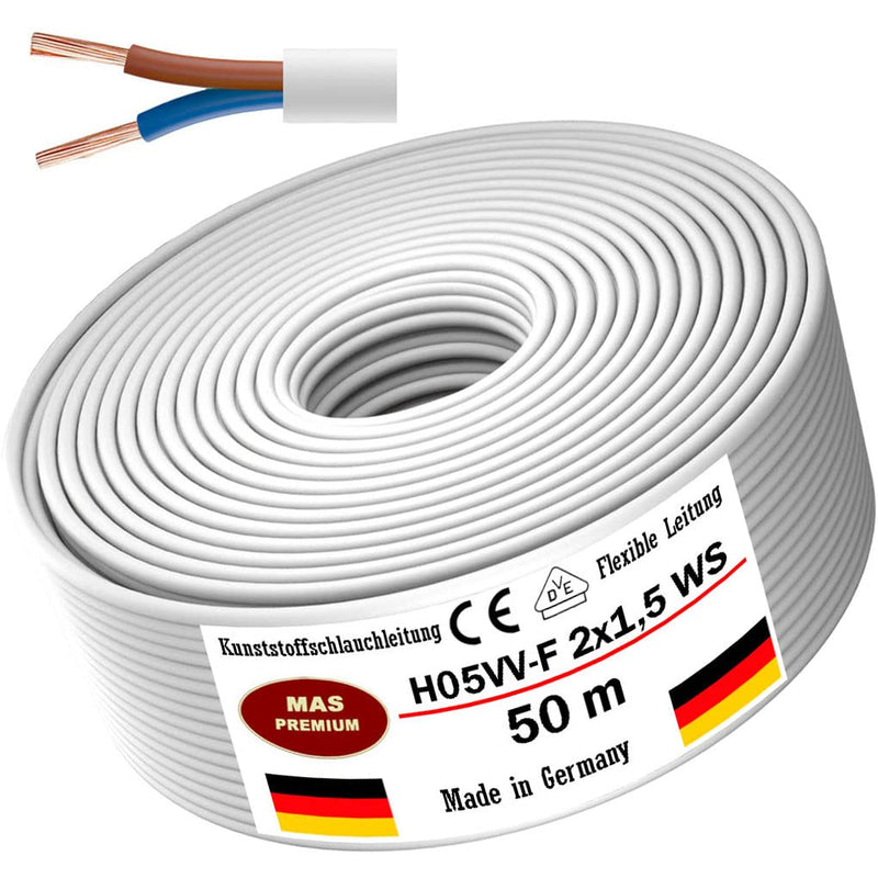 From 5 to 100m plastic hose line H05VV-F 2x0.75; 2x1; 2x1.5 or 2x2.5 White Flexible Cable Cable Device Cable (H05VV-F 2x1.5 WS, 50m) H05VV-F 2x1.5 WS
