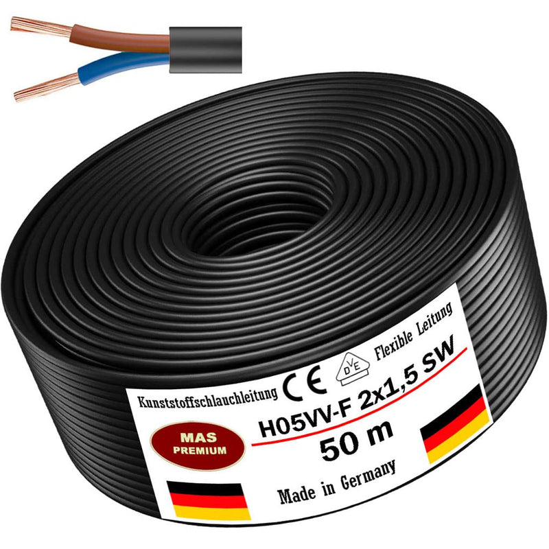 From 5 to 100m plastic hose line H05VV-F 2x0.75; 2x1; 2x1.5 or 2x2.5 Black Flexible Cable Cable Device Cable (H05VV-F 2x1.5 SW, 50m) H05VV-F 2x1.5 SW