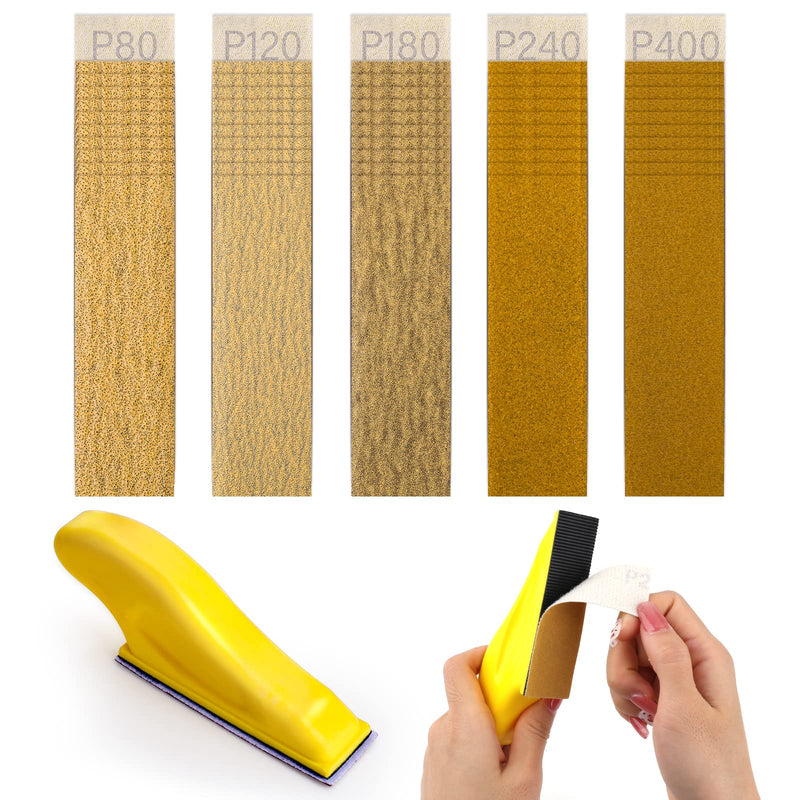 Abeillo 50 pieces sandpaper with sanding block set, sanding sheets wet dry grit 80/120/180/240/400 sandpepier sheet for wood crafts, 9 x 3 mm hand sanding block for sanding and polishing