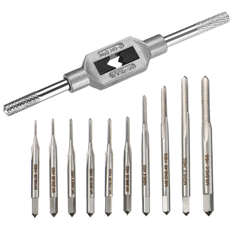 Saipor 10 pieces tap set M1-M3.5 metric HSS tap drill thread cutting tool set with adjustable tap wrench M1-M8