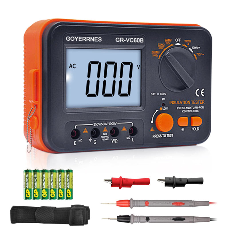Insulation Resistance Tester Digital Ohmmeter Megohmmeter GR-VC60B+ DCV Megohmmeter Voltage Tester 250/500/1000V ACV Megohm 750V with 1999 Count Large LCD Display Data Hold Backlight
