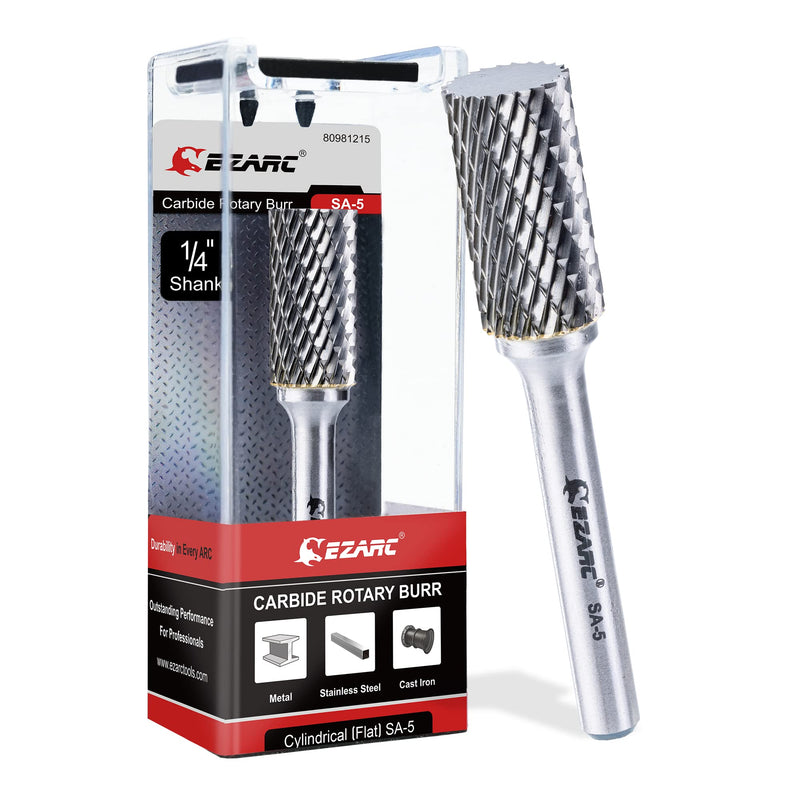 EZARC SA-5 Carbide Burrs with 1/4" Shank - Double Cut Rotary File Cylinder Shape Cutting Milling Cutter Die Grinding Drill Bit for Steel, Metal, Polishing and Engraving