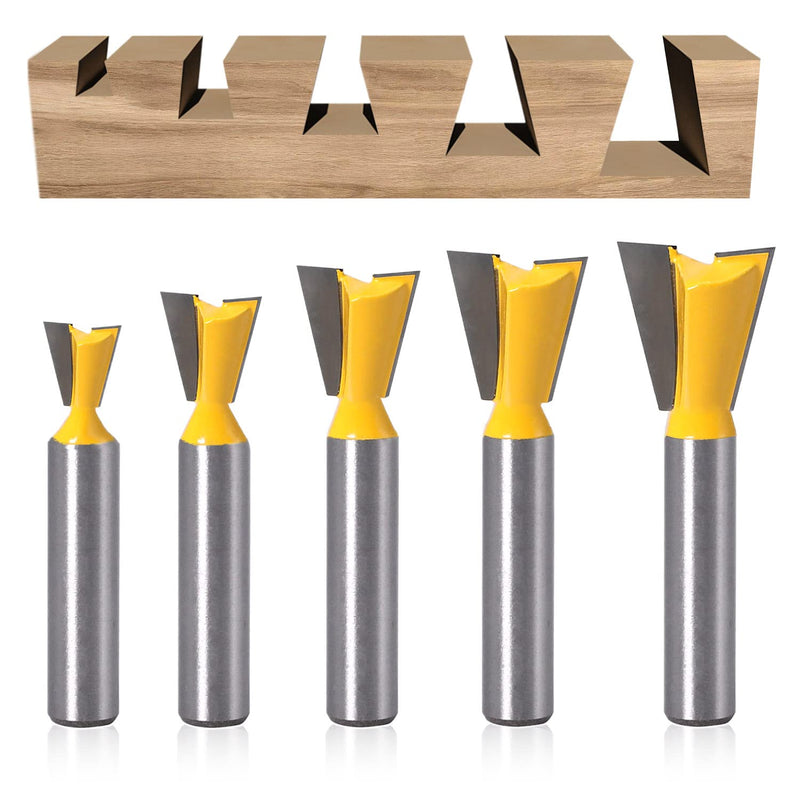 Pack of 5 dovetail face milling cutters 8 mm shank, dovetail milling cutter set, 1/4" 1/2" 3/8" 5/8" 3/4" milling cutter for router 8 mm shank, milling head for router, face milling cutter for wood (5)