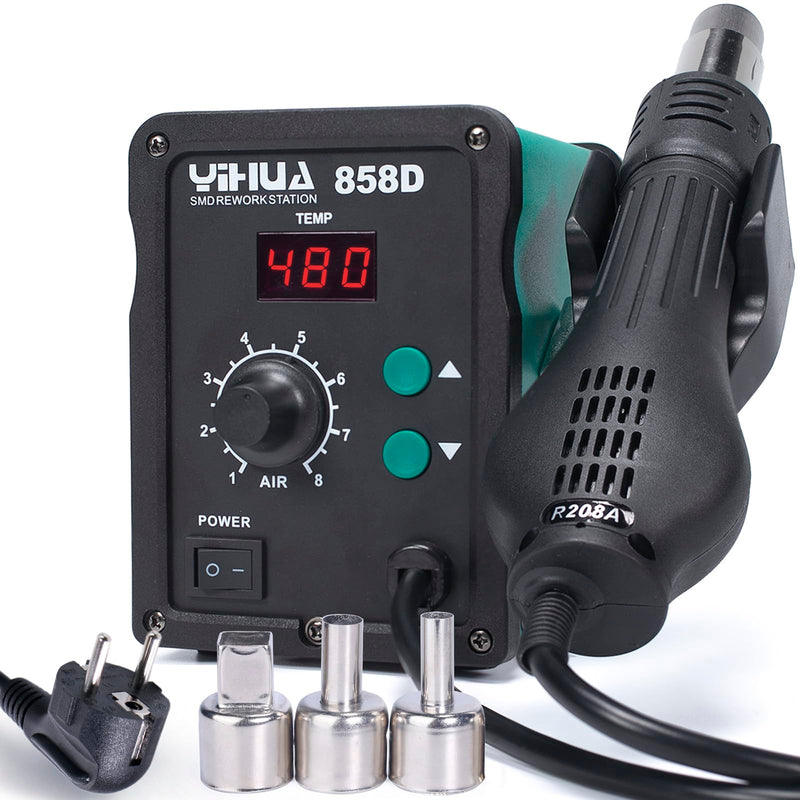YIHUA 858D hot air soldering station desoldering station 700W for SMD soldering and desoldering with adjustable temperature and air volume, PID temperature control, auto start/stop function, hot air nozzles (EU PLUG)